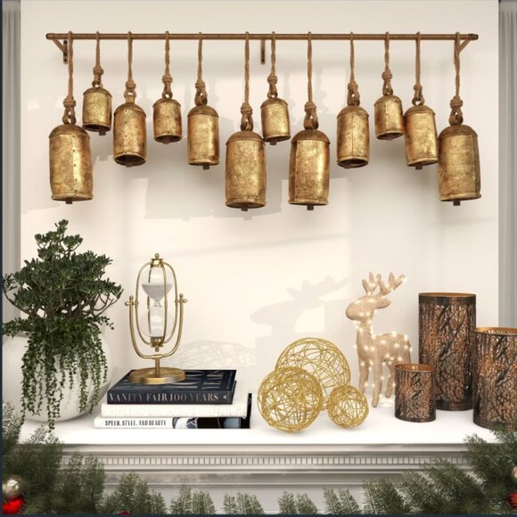 NIB Set of 12 Tibetan Inspired Cow Bells w Rope & Rod - Picture 2 of 7